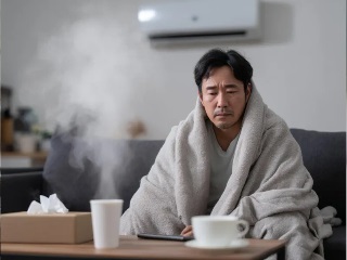 에어컨 앞에서 담요를 덮고 있는 남성