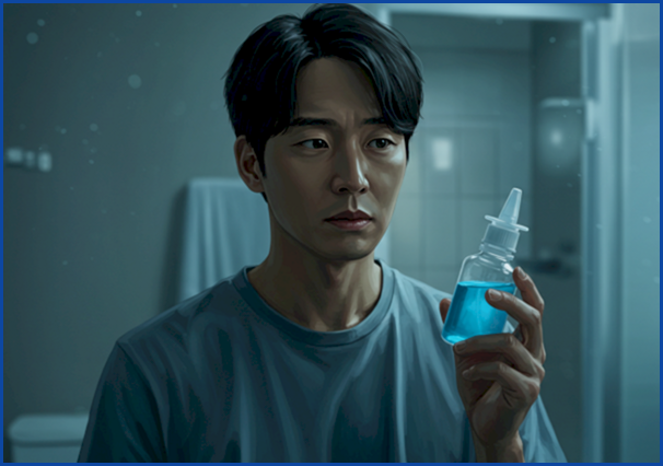 코 세척 용기를 들고 사용을 망설이는 사람의 모습을 담아&amp;#44; 코 세척에 대한 초기 두려움을 표현한 일러스트.