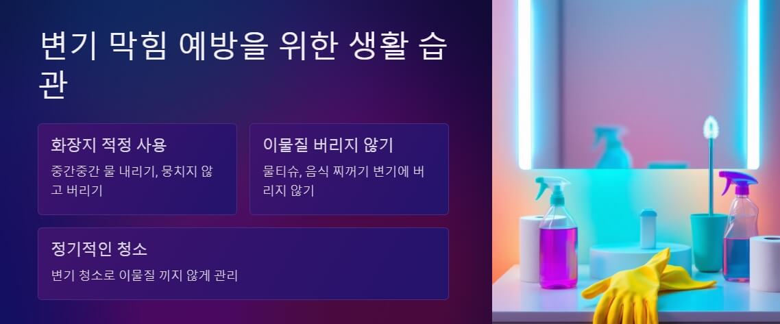 화장실 청소 도구들과 함께 화장지 적정 사용, 이물질 버리지 않기, 정기적인 청소의 중요성을 강조한 이미지.