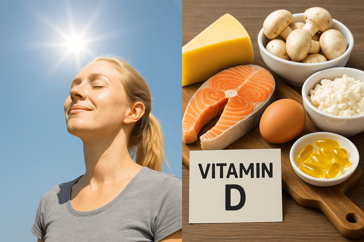 비타민D는 햇빛과 음식으로 보충해 주는 이미지