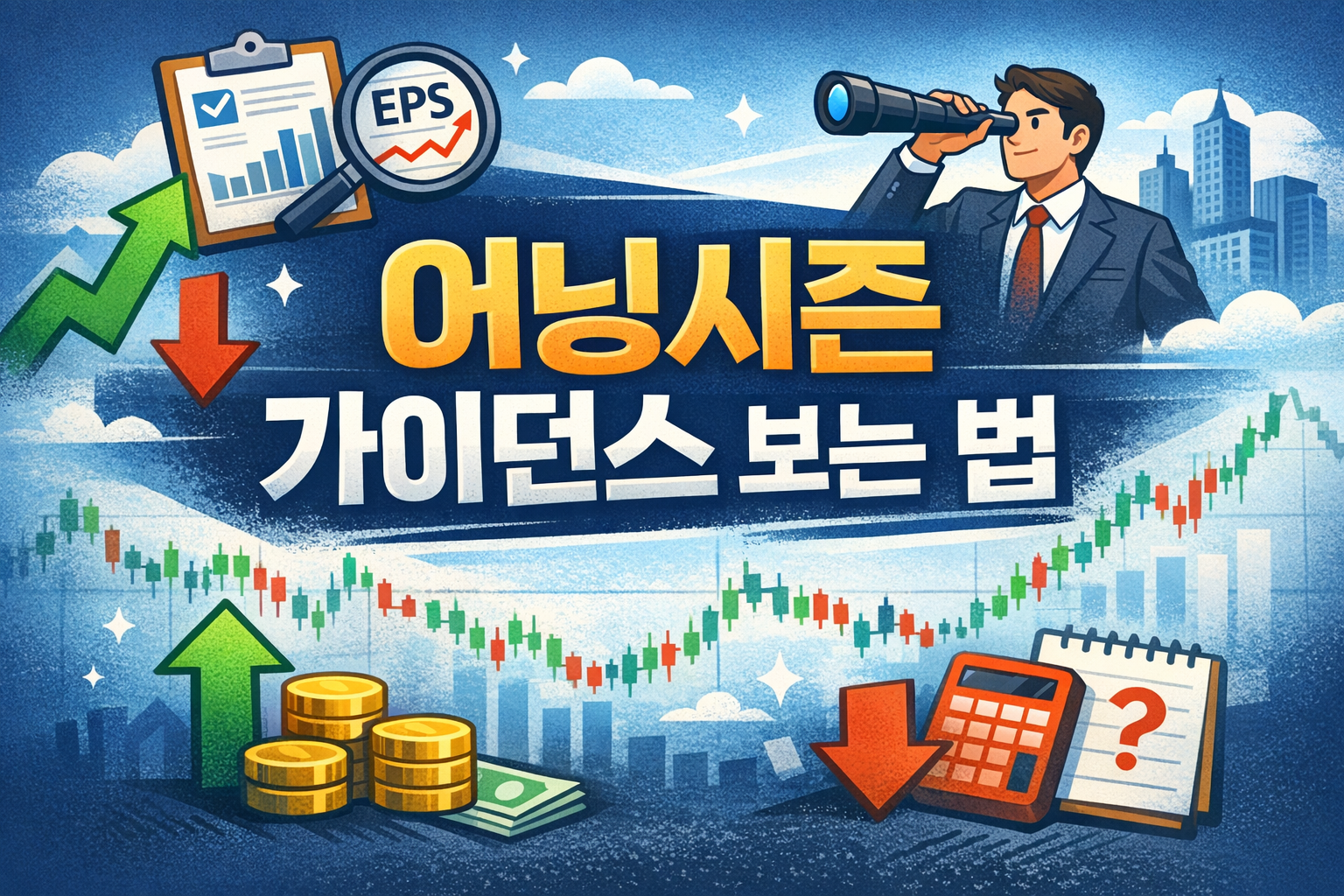 어닝시즌 가이던스 보는 법을 주제로 한 경제 블로그 썸네일, 주가 차트와 상승 하락 화살표, EPS 아이콘이 함께 들어간 이미지