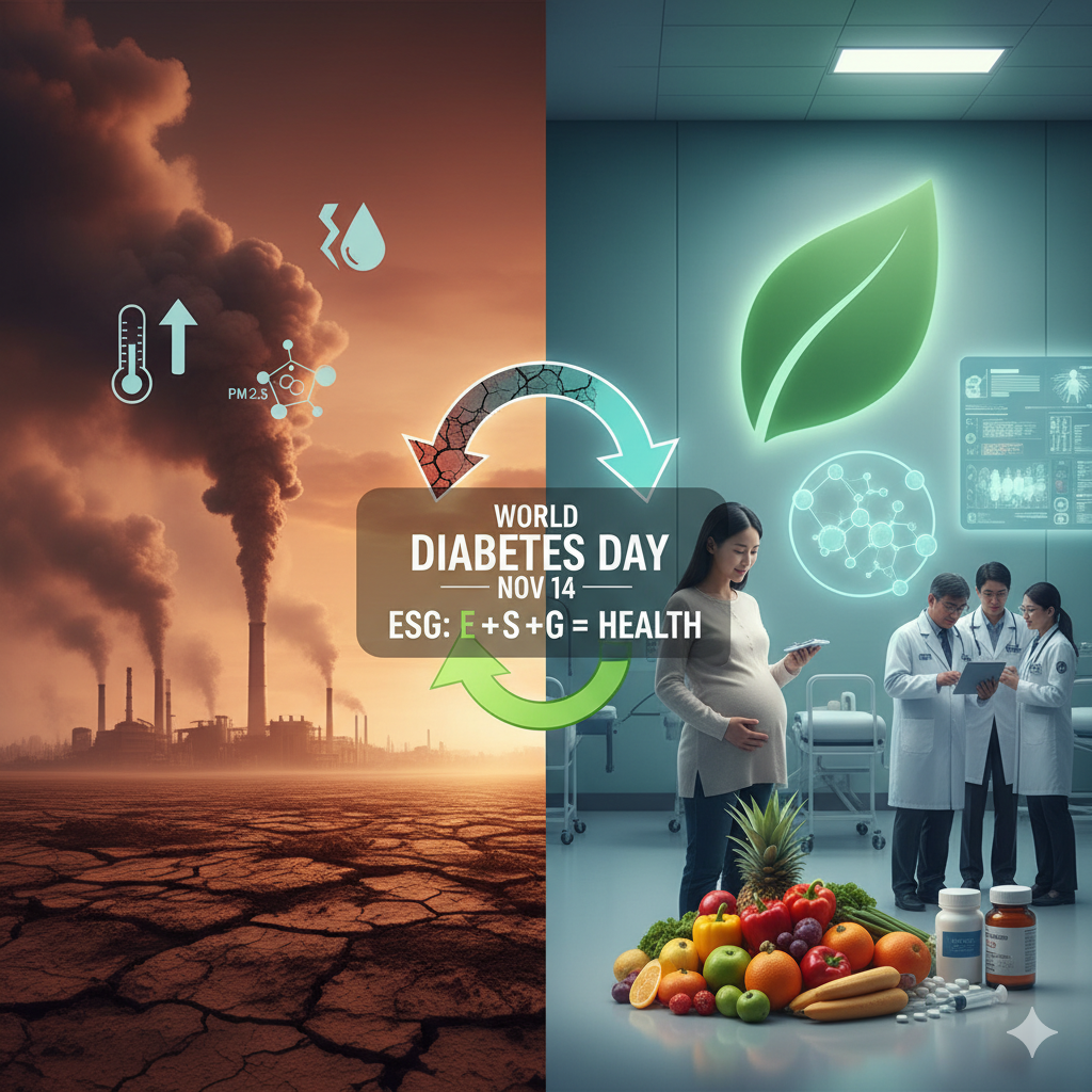 11월 14일은 '세계 당뇨병의 날'이다. 인슐린을 발견한 프레더릭 밴팅 교수의 생일을 기념하는 날이다. 하지만 기념일의 의미가 무색하게도, 당뇨병은 전 세계 8억 명 이상이 앓고 있는 '가장 빠르게 확산되는 건강 문제'가 됐다.
올해 세계보건기구(WHO)는 이 문제를 더욱 심각하게 조명했다. 임신 6건 중 1건, 즉 매년 2,100만 명의 여성이 겪는 '임신 중 당뇨병' 관리를 위한 최초의 국제 지침을 발표한 것이다. 이는 당뇨병이 단순한 성인병이 아니라, 산모와 태아 2대에 걸쳐 제2형 당뇨병과 심장대사 질환의 위험을 높이는 세대 간 건강 문제임을 공식화한 경고다.
문제는 여기서 그치지 않는다. 우리는 당뇨병을 개인의 생활 습관이나 유전의 문제로만 치부해왔다. 하지만 최근 글로벌 학계와 대학 연구들은 이 질병의 확산과 악화 배경에 '기후 위기'라는 거대한 환경 변수가 자리 잡고 있음을 명백히 지적하고 있다.
글로벌 기후 환경과 당뇨병은 어떻게 연결되는가?
첫째, 'E'(Environmental, 환경)의 직접적인 공격이다. 저명한 의학 저널 **<The Lancet(랜싯)>**은 '건강과 기후 변화 카운트다운' 보고서를 통해, 폭염이 당뇨병 환자의 심혈관 질환 사망률과 인슐린 민감성에 직접적인 악영향을 미친다고 밝혔다. 또한 하버드 공중보건대학원 등의 연구에 따르면, 기후 변화가 초래한 대기 오염(PM 2.5)과 산불 연기는 인슐린 저항성을 유발하는 핵심 요인으로 작용한다.
둘째, 기후 변화로 인한 식량 안보 위기는 당뇨 관리를 근본적으로 흔든다. 건강한 식단 유지가 필수적이지만, 기후 변화는 농작물 지도를 바꾸고 신선 식품 공급망을 교란한다. 이는 저소득층의 건강 불평등을 심화시키며, WHO가 지적한 '공평한 의료 접근성'을 저해한다.
이 지점에서 ESG 경영의 'S'(Social, 사회)와 'G'(Governance, 지배구조)가 교차한다.
최근 미국 FDA는 '오젬픽', '마운jaro'와 같은 GLP-1 계열 신약들이 당뇨병 치료의 판도를 바꾸는 것을 승인하며 혁신을 주도하고 있다. 제약사들은 차세대 경구용 치료제 개발에도 속도를 낸다. 이는 분명 인류를 위한 'S' 측면의 진보다.
하지만 이 혁신이 기후 위기라는 'E'의 문제를 외면한다면 '절반의 성공'에 그친다. 제약 바이오 기업이 막대한 R&D로 신약을 개발하는(S) 동시에, 생산 공정에서 막대한 탄소를 배출(E)한다면, 이는 질병의 '치료'와 '원인 제공'을 동시에 행하는 모순에 빠진다.
WHO의 새 지침이 '임신 중 당뇨병'을 주목한 것은, 당뇨 문제가 '전 생애주기'에 걸친 접근이 필요함을 의미한다. 마찬가지로, ESG 경영 역시 '전 지구적 생애주기' 관점에서 '인간의 건강(Human Health)'과 '지구의 건강(Planetary Health)'을 하나로 묶어 대응해야 한다.
결론적으로, 당뇨병 대응은 이제 의학계를 넘어선 전 지구적 과제이며, ESG 경영의 핵심 의제가 되어야 한다.
'E' 측면에서는 식품 기업의 저탄소·저당 식단 개발, 제약사의 녹색 공정 도입, 에너지 기업의 공중 보건 기여가 필요하다. 'S' 측면에서는 혁신 신약에 대한 공평한 접근성 보장과 기후 변화에 취약한 당뇨 환자들을 위한 사회적 안전망 구축이 시급하다.
'세계 당뇨병의 날'을 맞아, 우리는 신약 개발이라는 단기적 성과에 환호하는 것을 넘어, 질병을 악화시키는 기후 환경의 근본 원인을 제거하는 융합적 ESG 전략이 절실한 시점임을 깨달아야 한다.
📝 출처 정리
최신 보도 자료: 세계보건기구(WHO), "WHO launches first global guidelines to manage diabetes during pregnancy" (2025. 11. 14)
글로벌 학자/연구 자료: The Lancet, "The Lancet Countdown on Health and Climate Change" (연례 보고서)
대학 공개 연구 자료: Harvard T.H. Chan School of Public Health, "Air pollution as a risk factor for type 2 diabetes" (관련 연구 다수)
신약 정보 (FDA): 미국 식품의약국(FDA)의 GLP-1 수용체 작용제(예: Semaglutide, Tirzepatide) 승인 및 관련 보도 자료 (2023-2025)
#세계당뇨병의날 #WHO #임신중당뇨병 #기후위기 #당뇨병 #ESG경영 #ESG #환경 #보건안보 #랜싯 #FDA #GLP1 #지속가능경영 #최봉혁칼럼