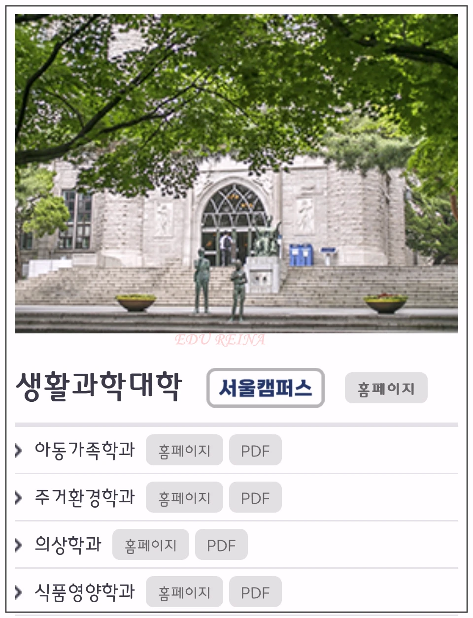경희대-생활과학대학-학과종류