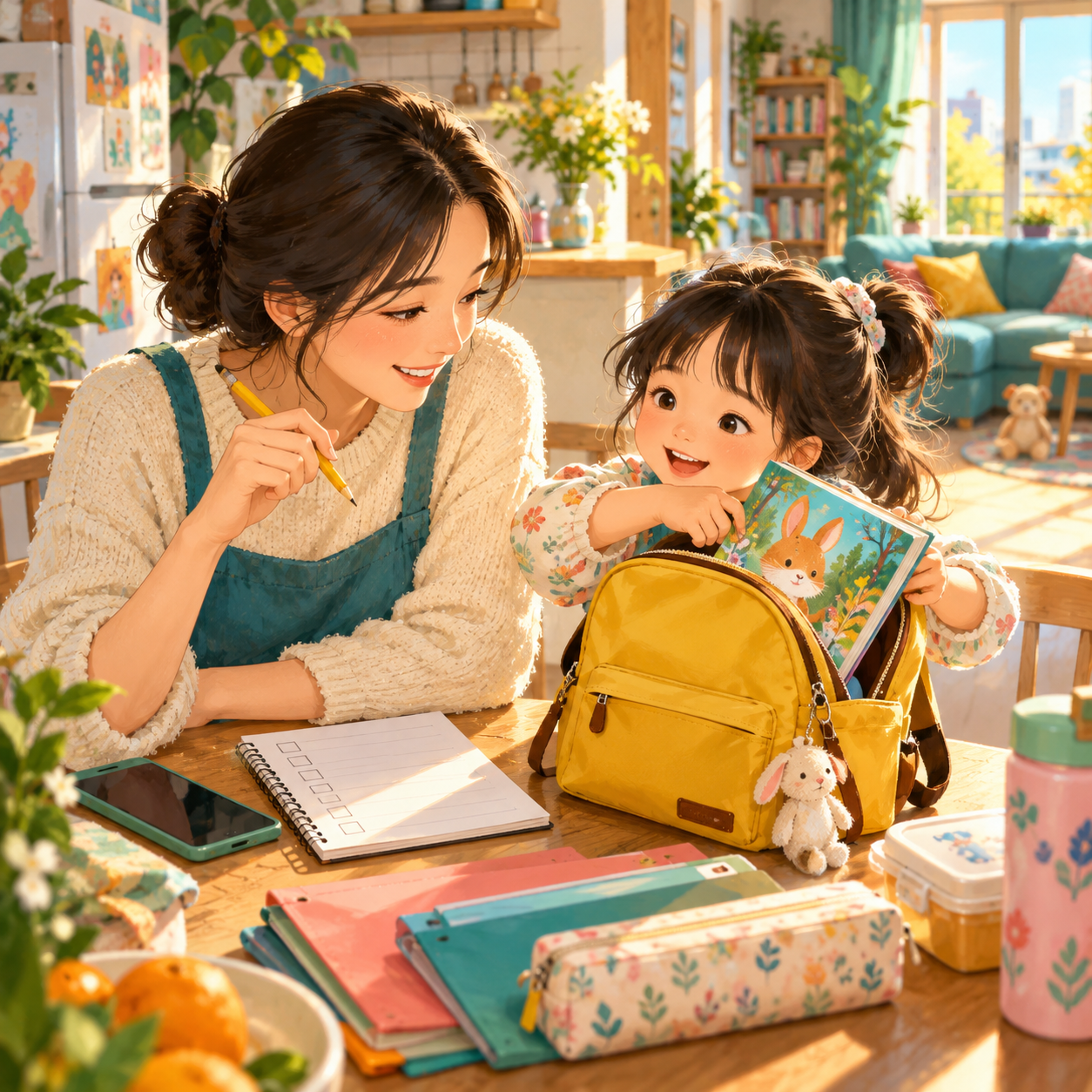 아이와 함께 준비 목록을 확인하고 가방을 챙기는 보호자