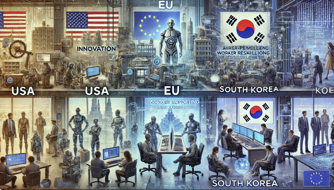 미국, EU, 한국의 AI 기술로 인한 직업 변화 대응 전략을 형상화한 사진