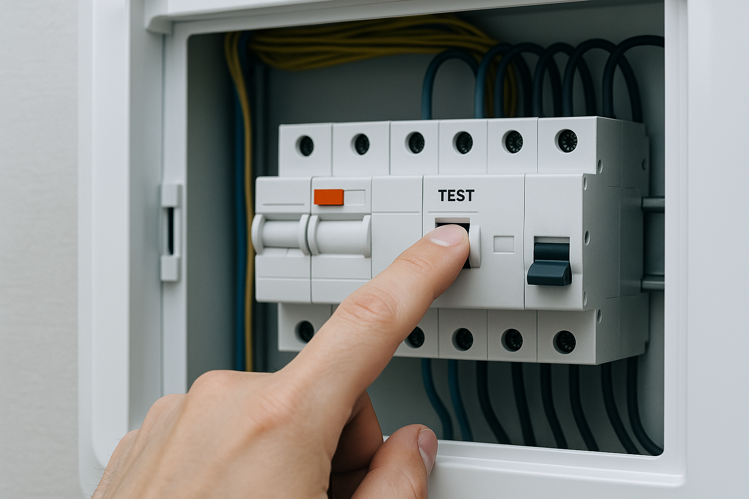 누전차단기 TEST 버튼을 누르는 장면(가정 분전반, 안전 점검)