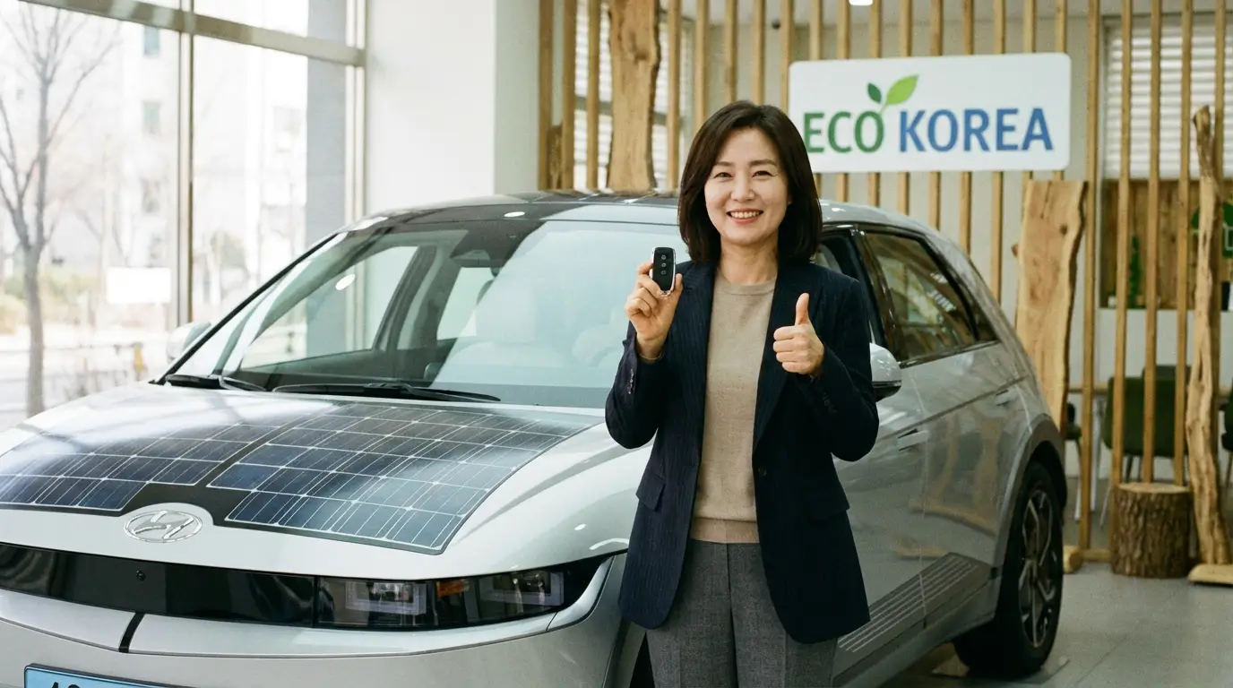 새로운 친환경차 앞에서 차 키를 들고 엄지를 치켜세우며 만족해하는 운전자의 모습
