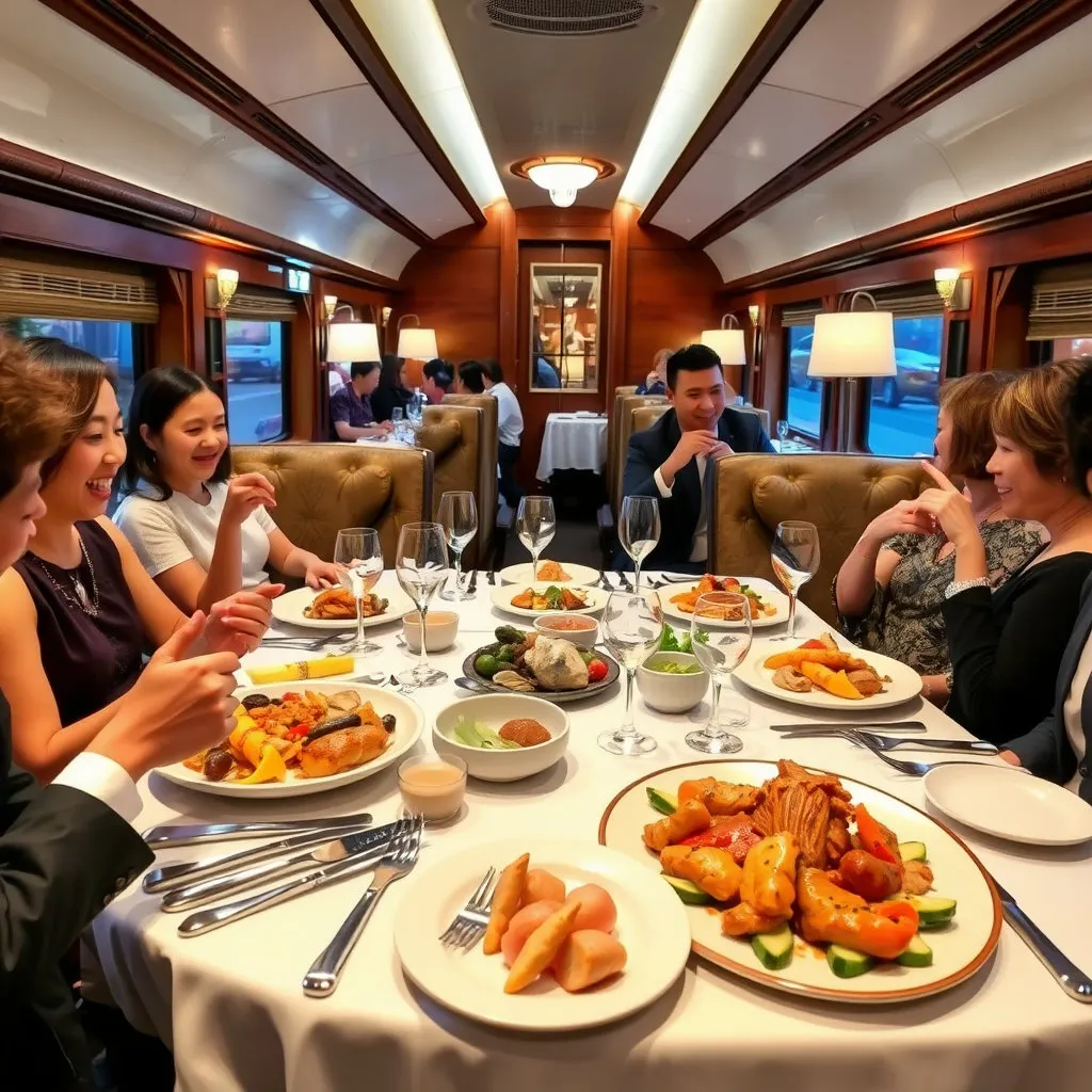 깔끔하게 차려진 테이블 위에 먹음직스러운 한식 또는 양식 요리가 놓여 있고, 승객들이 즐겁게 식사하는 모습을 담습니다. 특별한 날을 기념하는 듯한 고급스러운 분위기를 연출