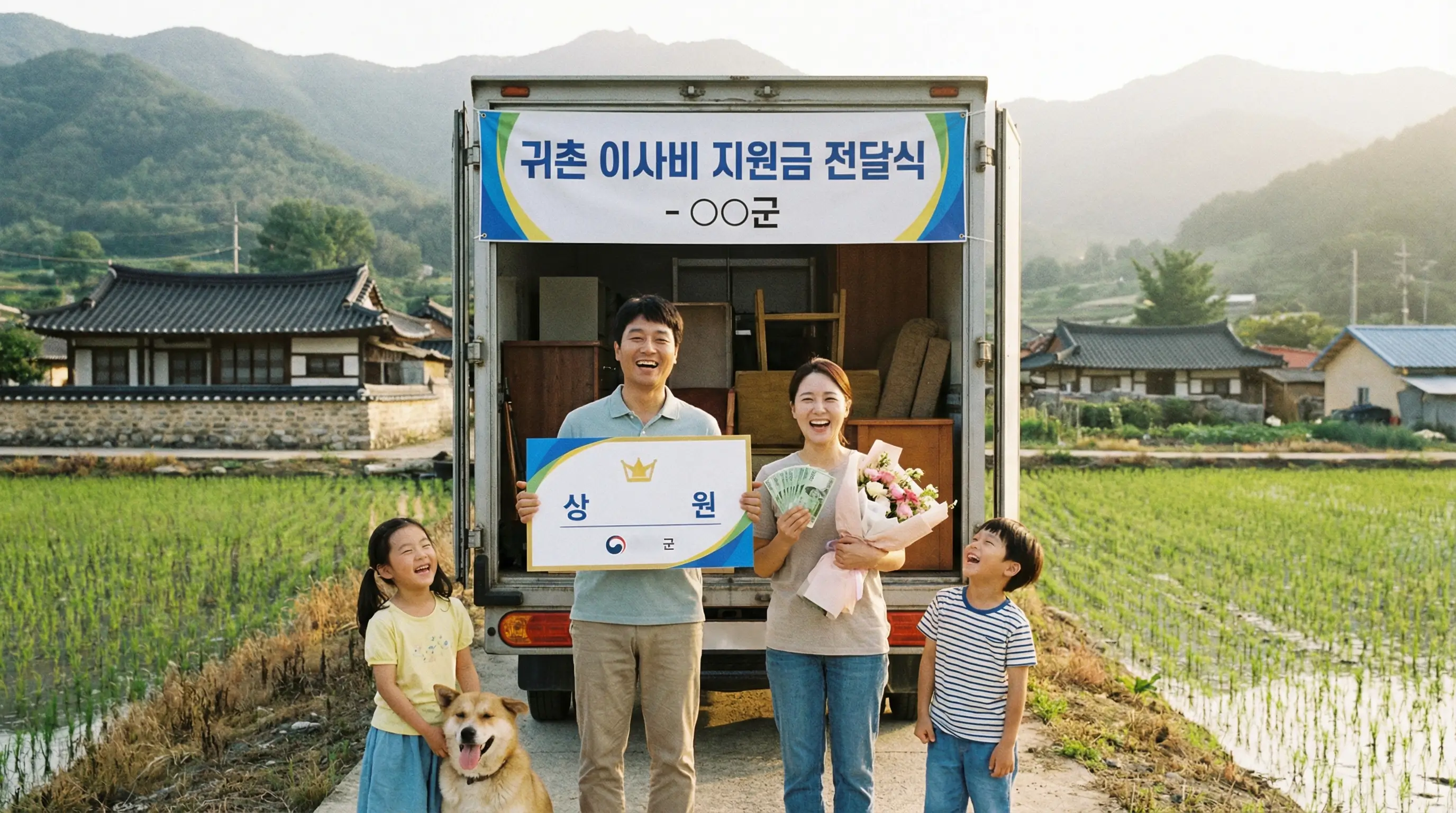 이삿짐 트럭 앞에서 이사비 지원금을 받고 환하게 웃는 귀촌 가족의 모습, 배경은 평화로운 농촌 마을