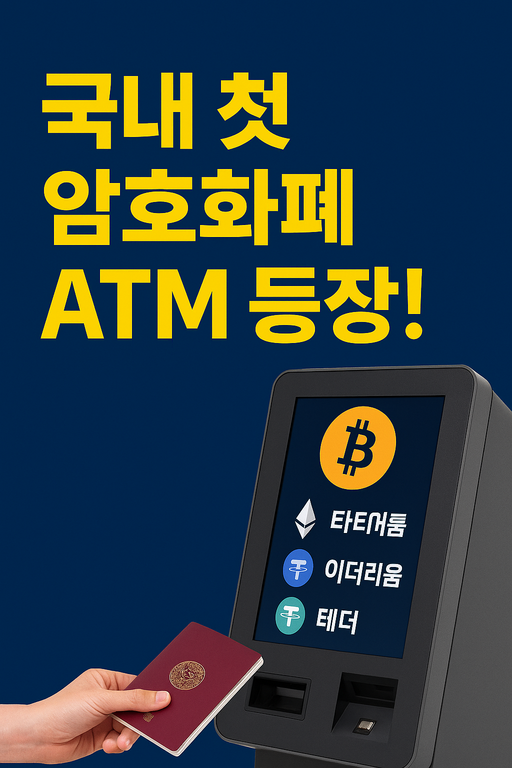 "국내 첫 암호화폐 ATM 등장 문구와 함께 여권을 스캔하는 모습, 비트코인&middot;이더리움&middot;테더 로고가 표시된 기기"
