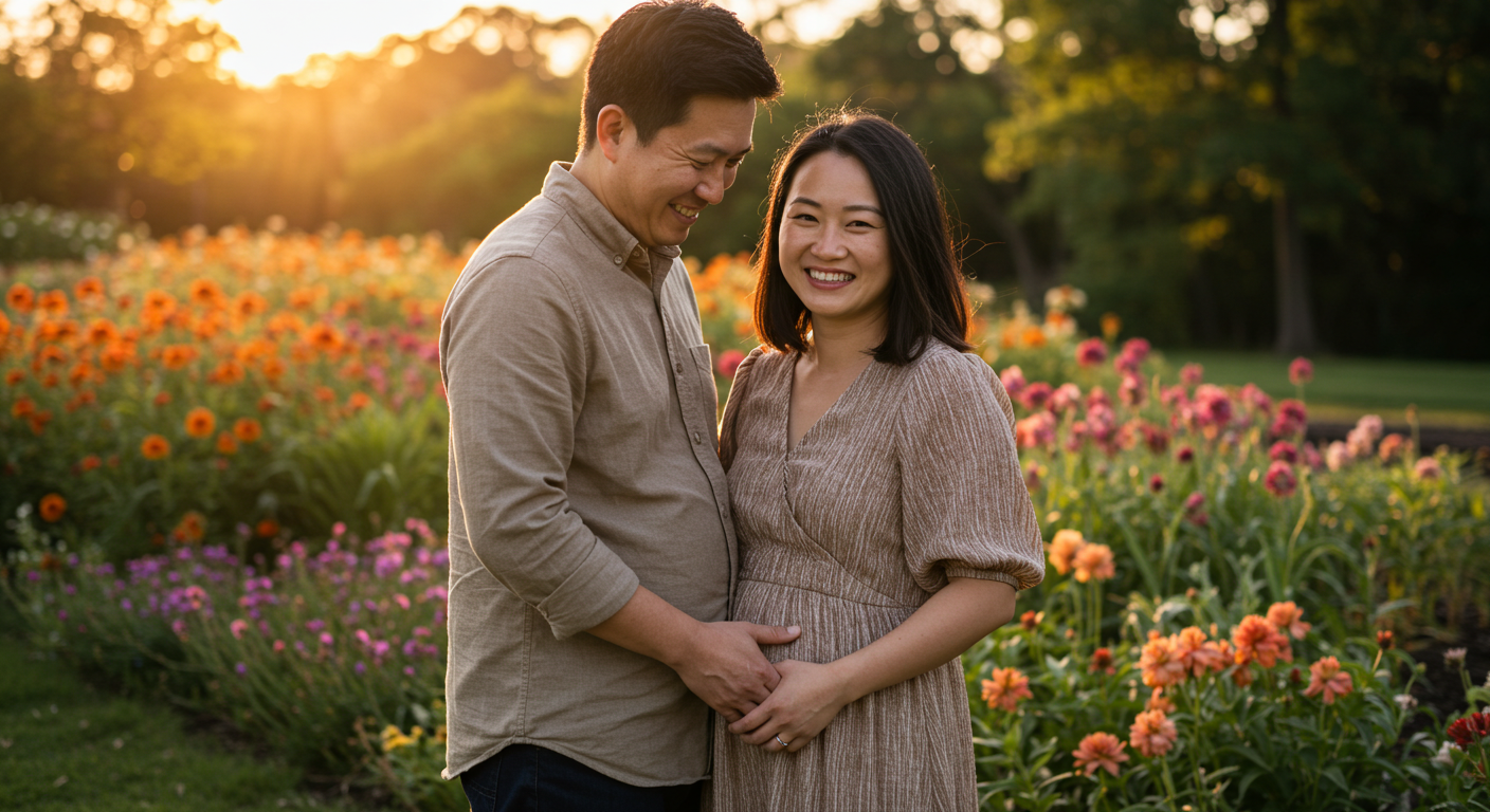 나란히 서서 웃고 있는 부부. 임신으로 인해 조금 나온 아내의 배