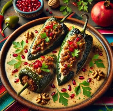 멕시코의 치레스 엔 노가다(Chiles en Nogada) - 여름철 신선한 석류와 크림 소스를 곁들인 요리