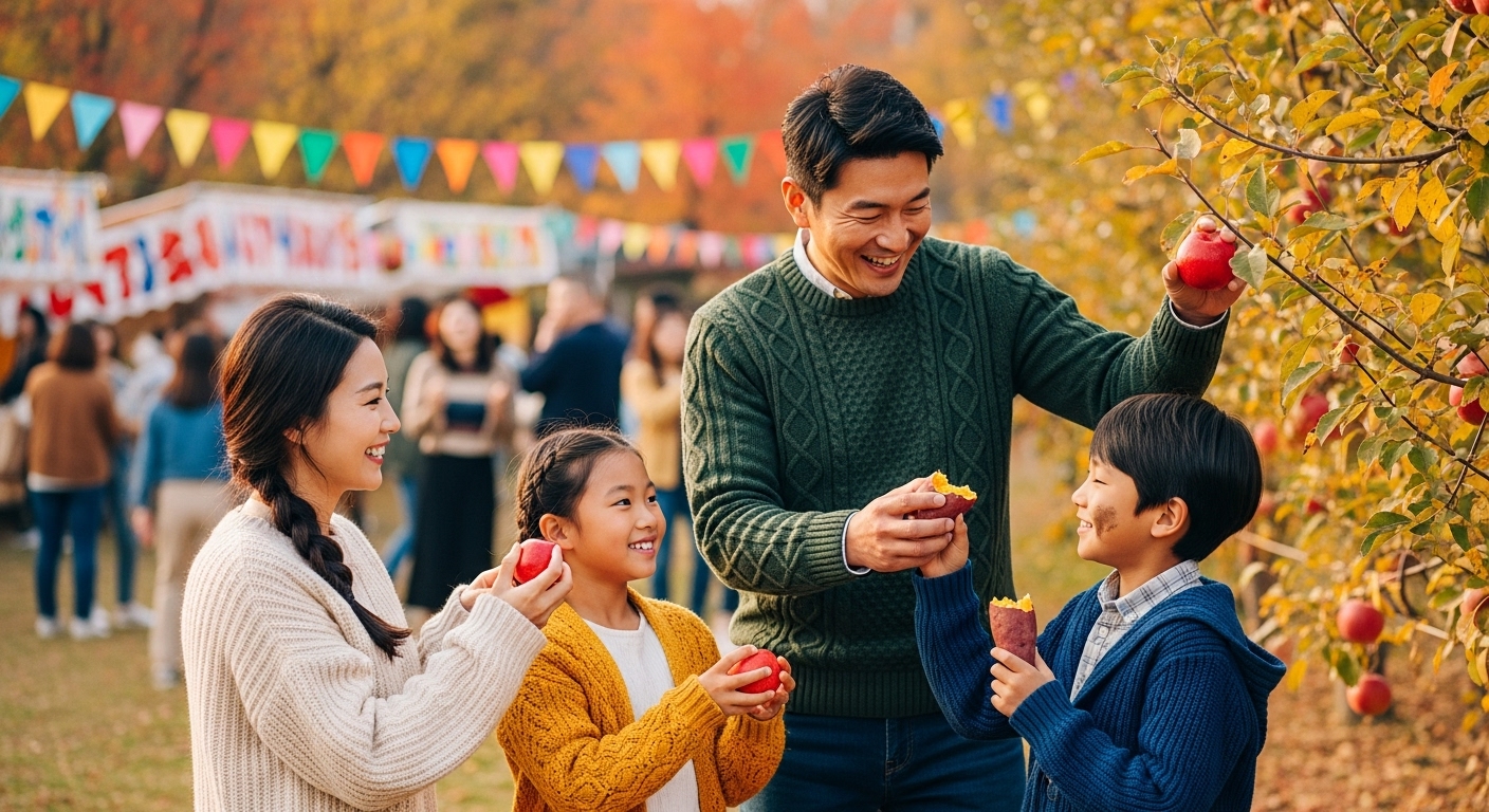 행복한 한국인 가족이 가을 축제에서 사과 따기 체험을 하며 즐거운 시간을 보내고 있다. 뒤로는 축제 분위기의 부스들이 보인다.