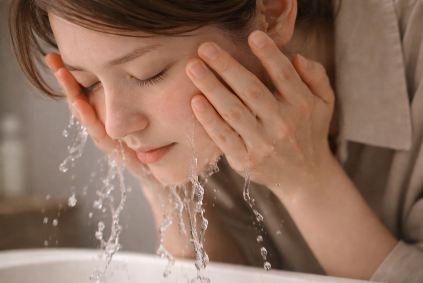 세안하며 미세하게 얼굴을 찌푸리는 여자 AI 이미지