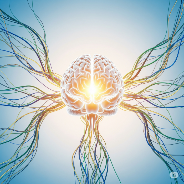 밝게 빛나는 뇌와 활발하게 연결된 신경망을 묘사한 현대적이고 추상적인 스타일의 그래픽.