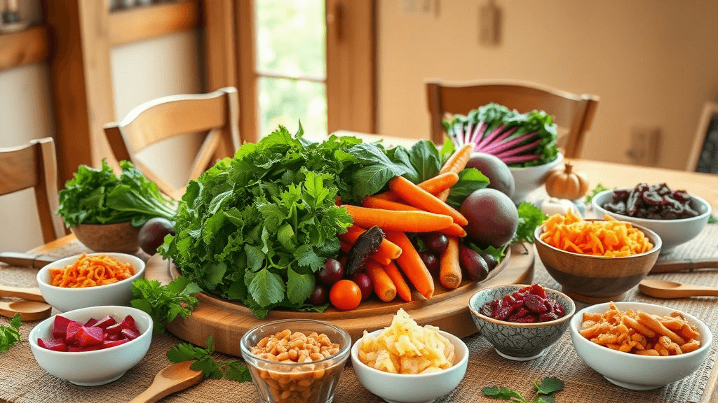 면역력에 좋은 음식, 채소와 발효식품이 담긴 건강한 식탁