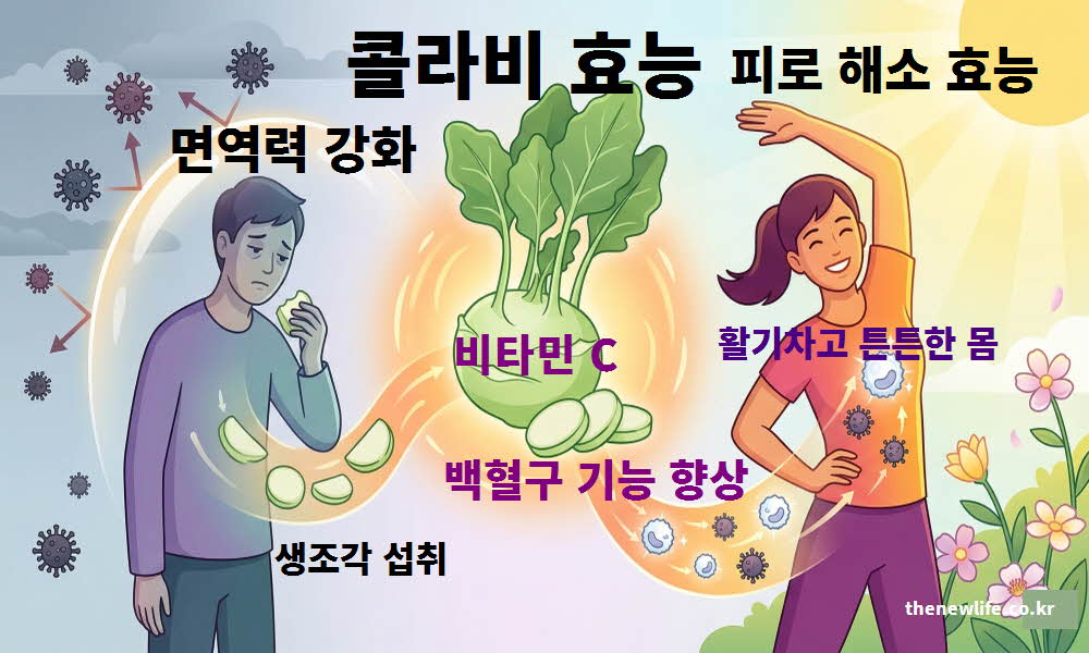 콜라비 효능이 면역력 강화와 피로 해소에 도움을 주는 과정을 설명하는 이미지