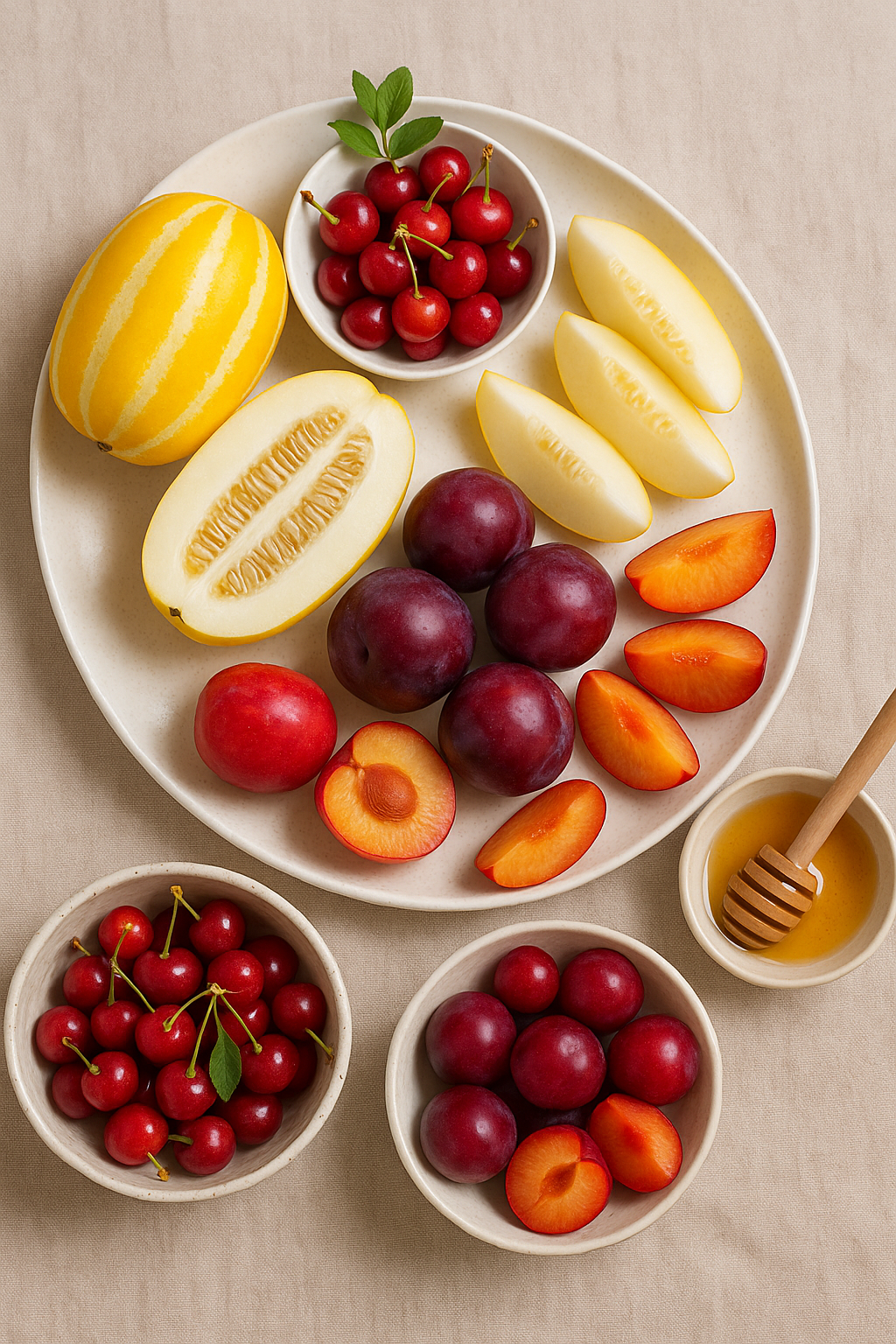 참외, 자두, 앵두 한 상 차림 사진