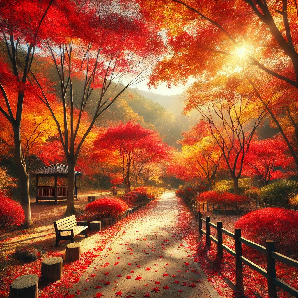 광주 지산유원지의 가을 단풍 풍경, 형형색색의 단풍잎이 가득한 공원