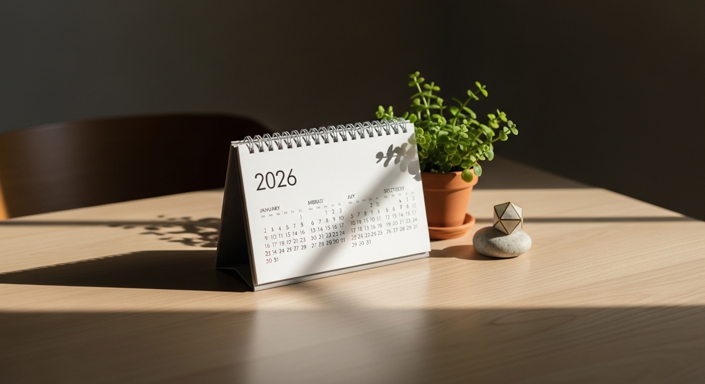 2026년 달력 다운로드 및 공휴일 일정을 보여주는 감성적인 데스크테리어 이미지