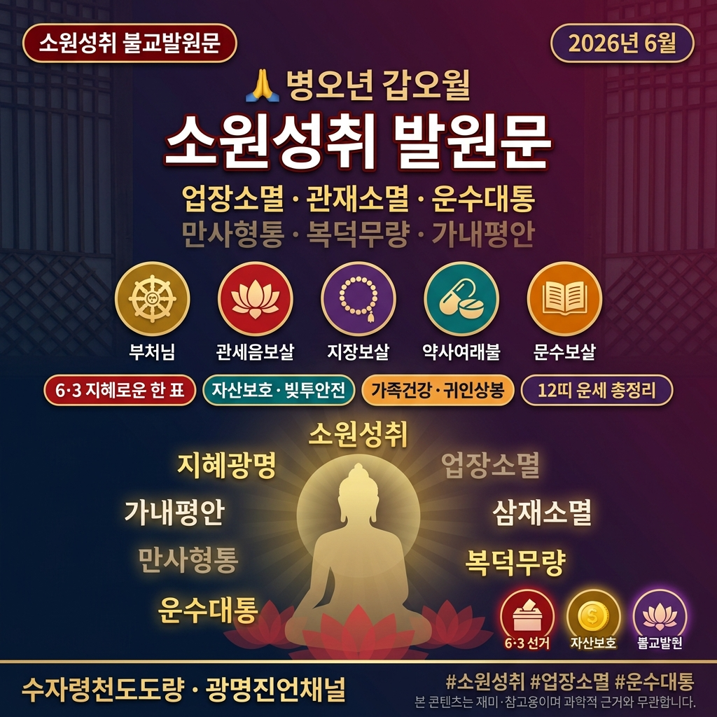 🙏 소원성취 발원문
2026년 6월, 병오년 갑오월을 맞이하여 올리는 간절한 기도
나무 석가모니불 나무 석가모니불 나무 시아본사 석가모니불

나무 관세음보살 나무 관세음보살 나무 대자대비 관세음보살

나무 지장보살 나무 지장보살 나무 대원본존 지장보살

나무 약사여래불 나무 약사여래불 나무 약사유리광여래불

나무 문수보살 나무 문수보살 나무 대지문수사리보살

부처님, 오월의 마지막 잎새가 지고 유월의 뜨거운 문턱에 서서 두 손 모아 엎드립니다.

세상은 빠르게 돌아가건만 저의 마음은 어둡고 앞길은 아득하여, 오직 부처님의 자비광명만을 의지하옵니다.

一. 업장소멸&middot;관재소멸 발원
부처님, 관세음보살님, 저와 저의 가족에게 쌓인 전생의 업장을 소멸하여 주시옵소서. 관재수&middot;구설수&middot;삼재의 그림자가 이 몸과 이 집안에 드리우지 못하도록 대자대비의 빛으로 감싸 주시옵소서. 크고 작은 액난이 물러가고, 매일 아침 무탈히 눈 뜨는 것이 이미 큰 복임을 알게 하여 주시옵소서.

업장소멸 관재소멸 삼재소멸 구설소멸

二. 6월 3일 지방선거, 지혜로운 한 표를 위한 발원
지장보살님, 문수보살님, 이 나라 이 땅에 지혜의 등불을 밝혀 주시옵소서.

벌써 오월 마지막 주로 접어들면서 유월 삼일 선거가 코앞에 다가왔습니다. 정당이 내려보내는 낙하산 후보가 아니라, 사람다운 사람이 선택되는 세상을 간절히 발원하옵니다.

부처님, 가피를 내려 주시옵소서.

능력 있는 사람을 알아보는 눈을 주시옵소서. 화려한 공약 뒤에 숨은 거짓을 꿰뚫어 보게 하시고, 말보다 행동으로 증명한 이력을 찾아내는 분별력을 허락하여 주시옵소서.

전과 없는 깨끗한 사람을 가려내는 지혜를 주시옵소서. 범죄의 그림자가 드리운 자가 우리 마을의 살림을 맡아서는 안 됩니다. 철저히 검색하고 확인하여 흠 없는 자를 택할 수 있게 인도하여 주시옵소서.

지역사회를 잘 아는 사람을 선택하는 혜안을 주시옵소서. 서울 하늘만 바라보며 내려온 자가 아니라, 이 골목의 배수로가 어디서 막히는지, 이 마을 어르신의 병원이 얼마나 먼지 아는 사람&mdash;그런 이를 찾아낼 수 있게 하여 주시옵소서.

나의 한 표가 곧 나의 인생을 좌우하옵니다. 정당의 색깔이 아니라 사람의 진심을 보는 눈, 진정성을 가지고 지혜롭게 투표하는 부처님의 가피를 간절히 구하옵니다. 올바른 지도자를 선택하여 지역사회가 바른 길로 나아가게 하여 주시옵소서.

지혜광명 일체장애소멸 만사형통

三. 세상의 고통, 불평등 앞에서 올리는 발원
약사여래불님, 이 세상의 아픔을 어루만져 주시옵소서.

어떤 이들은 육억 원의 보너스를 받는다며 세상이 떠들썩하건만, 사천만 국민 중 영점일 퍼센트만이 수억 대의 상여를 손에 쥡니다. 나머지 국민들은 죽기 살기로 일하여도 평생 모아도 모자란 돈이라는 숫자 앞에서 억장이 무너지옵니다.

부처님, 이것이 세상의 모습이옵니다. 한쪽에서는 넘치고 한쪽에서는 마르는 이 불균형 속에서, 평범한 사람들이 절망하지 않도록 희망의 씨앗 하나만 심어 주시옵소서. 열심히 사는 사람이 보상받는 세상, 성실한 땀이 배신당하지 않는 세상을 만들어 주시옵소서.

매달 빠듯한 월급으로 아이 학비를 내고, 부모님 병원비를 보태고, 작은 전세금을 지키려 잠 못 이루는 모든 이들에게 약사여래불의 치유의 빛을 비추어 주시옵소서. 가난이 죄가 아님을 알게 하시고, 비교의 고통에서 벗어나는 지혜를 허락하여 주시옵소서.

병고치유 복덕무량 복덕구족

四. 빚투하는 이들의 안전과 자산 보호 발원
관세음보살님, 세상에는 빚을 내어 투자하는 이들이 참으로 많사옵니다.

집 한 채, 노후 한 줌을 위해 빚투의 벼랑 끝에 선 이들을 굽어살펴 주시옵소서. 무모한 욕심이 아니라 생존을 위한 몸부림임을 아시옵소서.

부처님, 빚투하는 이들에게 세 가지 지혜를 내려 주시옵소서.

첫째, 탐욕을 다스리는 지혜. 더 벌겠다는 욕심에 무리하지 않고, 잃지 않는 것이 곧 버는 것임을 깨닫게 하여 주시옵소서.

둘째, 공포를 다스리는 지혜. 시장이 폭락할 때 겁에 질려 밑바닥에 던지지 않고, 냉정하게 판단하는 마음의 평정을 허락하여 주시옵소서.

셋째, 안전하게 자산을 지키는 지혜. 수익을 내되 망하지 않고, 벌되 잃지 않으며, 원금을 보전하면서 조금씩 불려 나가는 중도의 투자를 할 수 있게 인도하여 주시옵소서.

빚의 무게에 짓눌려 극단적 선택을 생각하는 이가 없도록, 어둠 속에서도 한 줄기 빛이 보이도록, 대자대비 관세음보살님의 천수천안으로 살펴 주시옵소서.

운수대통 가업흥성 사업번창 직장안정 만사형통

五. 가족과 건강, 모든 인연을 위한 발원
약사여래불님, 저와 저의 가족이 유월 한 달 무병무탈 하게 하여 주시옵소서. 여름 더위에 쓰러지지 않게 하시고, 마음의 병이 몸의 병이 되지 않게 하시며, 서로를 향한 따뜻한 말 한마디를 잊지 않게 하여 주시옵소서.

가족건강 가족행복 가족화합 가내평안

문수보살님, 공부하는 자녀에게는 지혜총명을, 일하는 부모에게는 직장안정을, 늙어가는 어버이에게는 병고치유를 허락하여 주시옵소서.

세상 모든 인연이 귀인이 되어 서로 돕고, 악연은 소멸하며, 선연은 더욱 깊어지는 유월이 되게 하여 주시옵소서.

귀인상봉 천생배필 속득인연 일체장애소멸

회향 (回向)
부처님, 이 기도가 저 혼자만을 위한 것이 아니옵니다.

오늘 이 발원문을 읽는 모든 분, 힘겹게 하루를 버티는 모든 분, 유월 삼일 투표소에서 떨리는 손으로 한 표를 행사하는 모든 분, 빚의 무게를 견디며 내일을 꿈꾸는 모든 분에게 이 공덕을 회향하옵니다.

원컨대 일체중생이 함께 불도를 이루옵소서.

나무 석가모니불 🙏

나무 관세음보살 🙏

나무 지장보살 🙏

나무 약사유리광여래불 🙏

나무 문수사리보살 🙏

소원성취 &middot; 업장소멸 &middot; 관재소멸 &middot; 삼재소멸 &middot; 운수대통 만사형통 &middot; 복덕무량 &middot; 복덕구족 &middot; 승승장구 &middot; 가내평안 지혜광명 &middot; 지혜총명 &middot; 귀인상봉 &middot; 가업흥성 &middot; 사업번창

2026년 병오년 갑오월, 유월을 맞이하여 간절한 마음으로 합장 올림

#소원성취 #불교발원문 #2026년6월기도 #업장소멸 #관재소멸 #삼재소멸 #운수대통 #만사형통 #복덕무량 #지방선거2026 #6월3일투표 #지혜로운한표 #빚투보호 #자산보호 #가내평안 #관세음보살 #지장보살 #약사여래불 #문수보살 #가족건강 #병고치유 #귀인상봉 #사업번창 #직장안정 #승승장구 #병오년갑오월