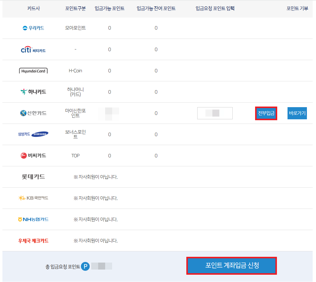 카드포인트 계좌입금 신청