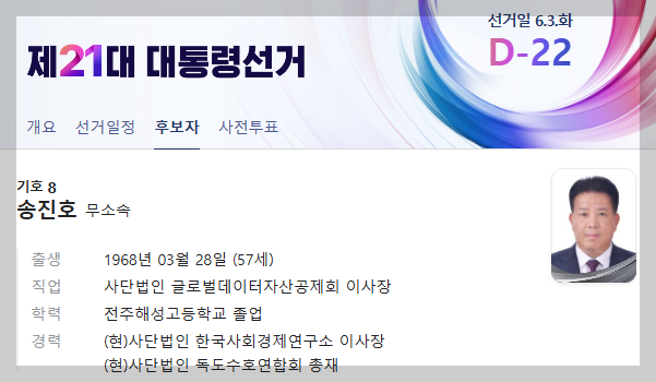 송진호 후보 간단 이력. 출처 네이버