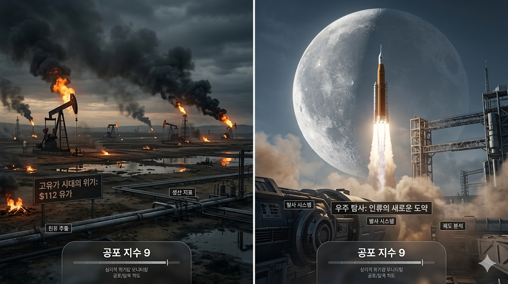 불타오르는 유전($112 유가)과 달을 향해 솟구치는 로켓, 그리고 0에 수렴하는 공포지수가 겹쳐진 강렬한 이미지