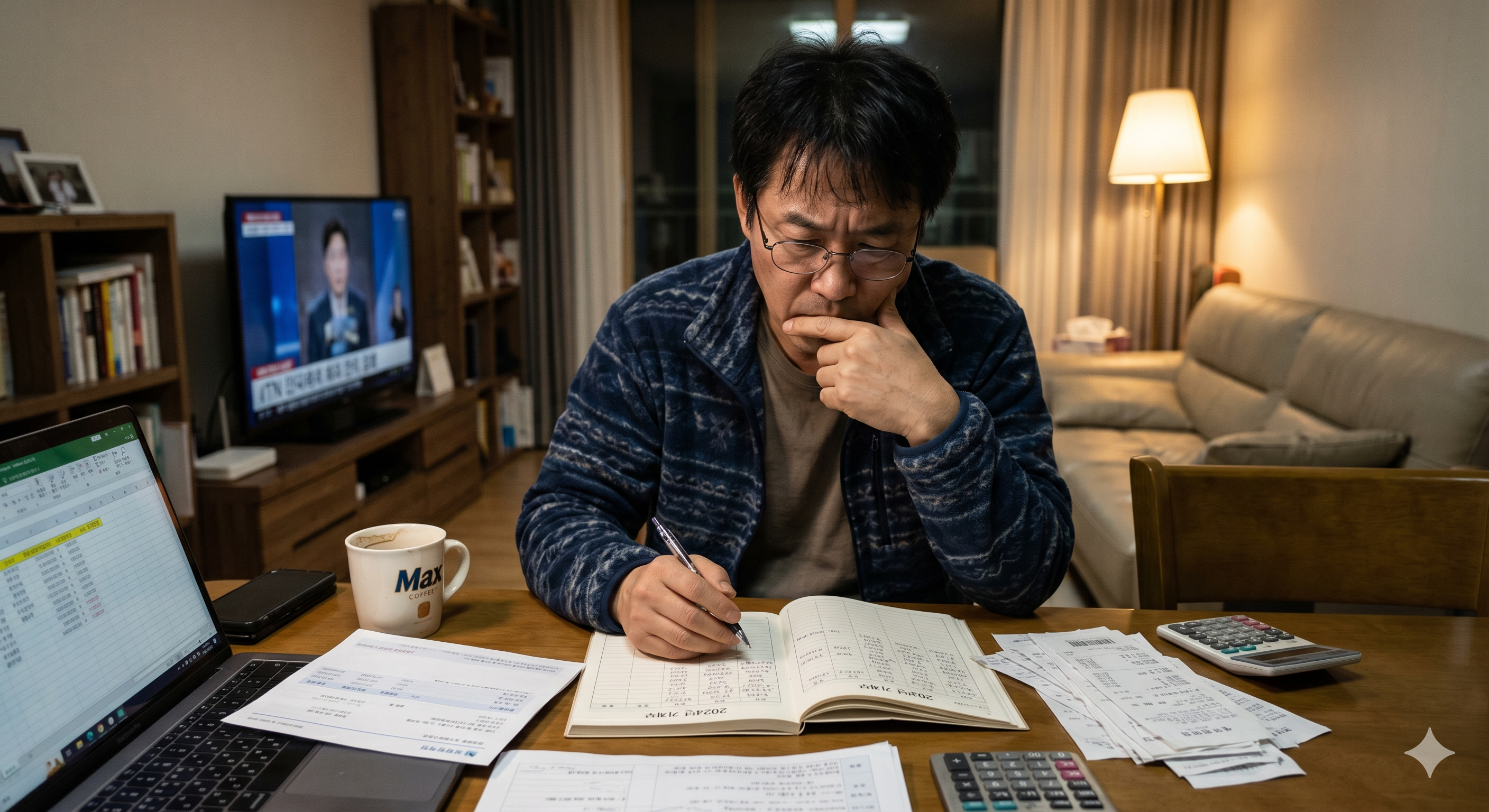 가계부를 정리하며 지출 내역을 심각하게 검토하는 한국인 남성