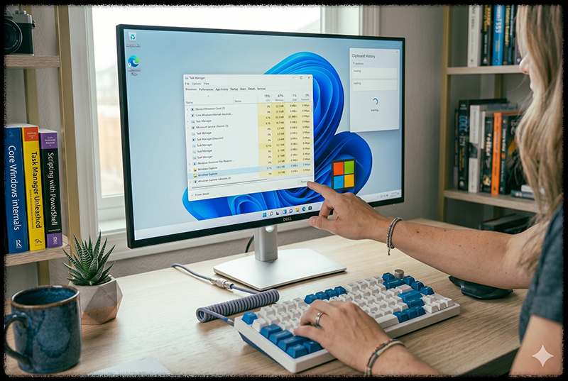작업 관리자에서 Windows Explorer를 재시작하는 모습