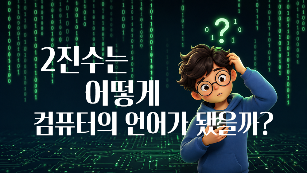 0과 1로 이루어진 이진수 데이터 스트림과 스마트폰을 들고 있는 3D 캐릭터. 컴퓨터의 언어인 2진수와 디지털 정보 처리 과정을 설명하는 대표 이미지.