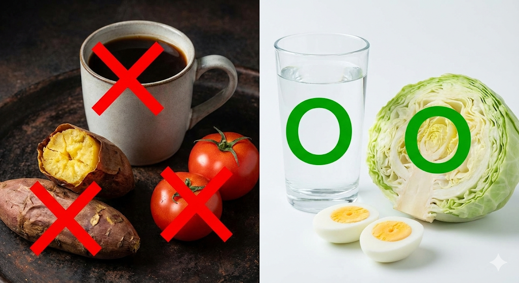 아침 공복에 안 좋은 음식 커피 고구마와 좋은 음식 양배추 계란 비교 사진