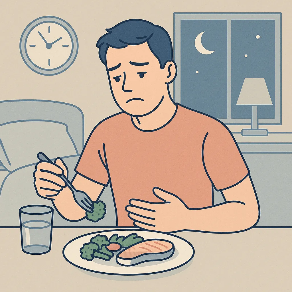 늦은-밤-창밖의-달빛-아래에서-피곤한-표정으로-저녁식사를-하는-남성이-소화불량과-수면-질-저하-같은-건강-문제를-암시하는-모습을-표현한-일러스트