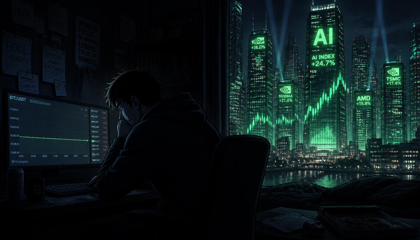 A moody illustration of a trader in a dark room looking at flat crypto charts while distant tech markets glow.