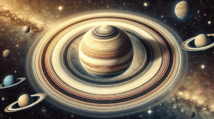 토성의 모습 토성의 고리가 층을 이루며 토성 원심 주변으로 뱅 둘러져 있다 그주변에는 비슷한 고리를 가진 행성들이 분포되어있고 더 뒤로는 은하수가 펼쳐져 있다.