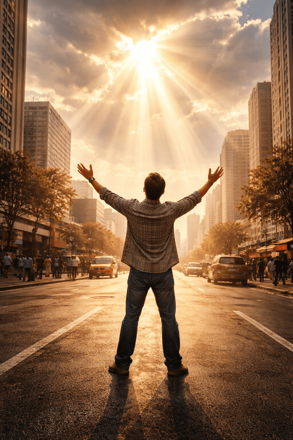 하늘에서 쏟아지는 빛과 도시 한가운데 서 있는 인물을 통해 영화 초자연적인 상황과 유쾌한 분위기를 표현한 AI이미지