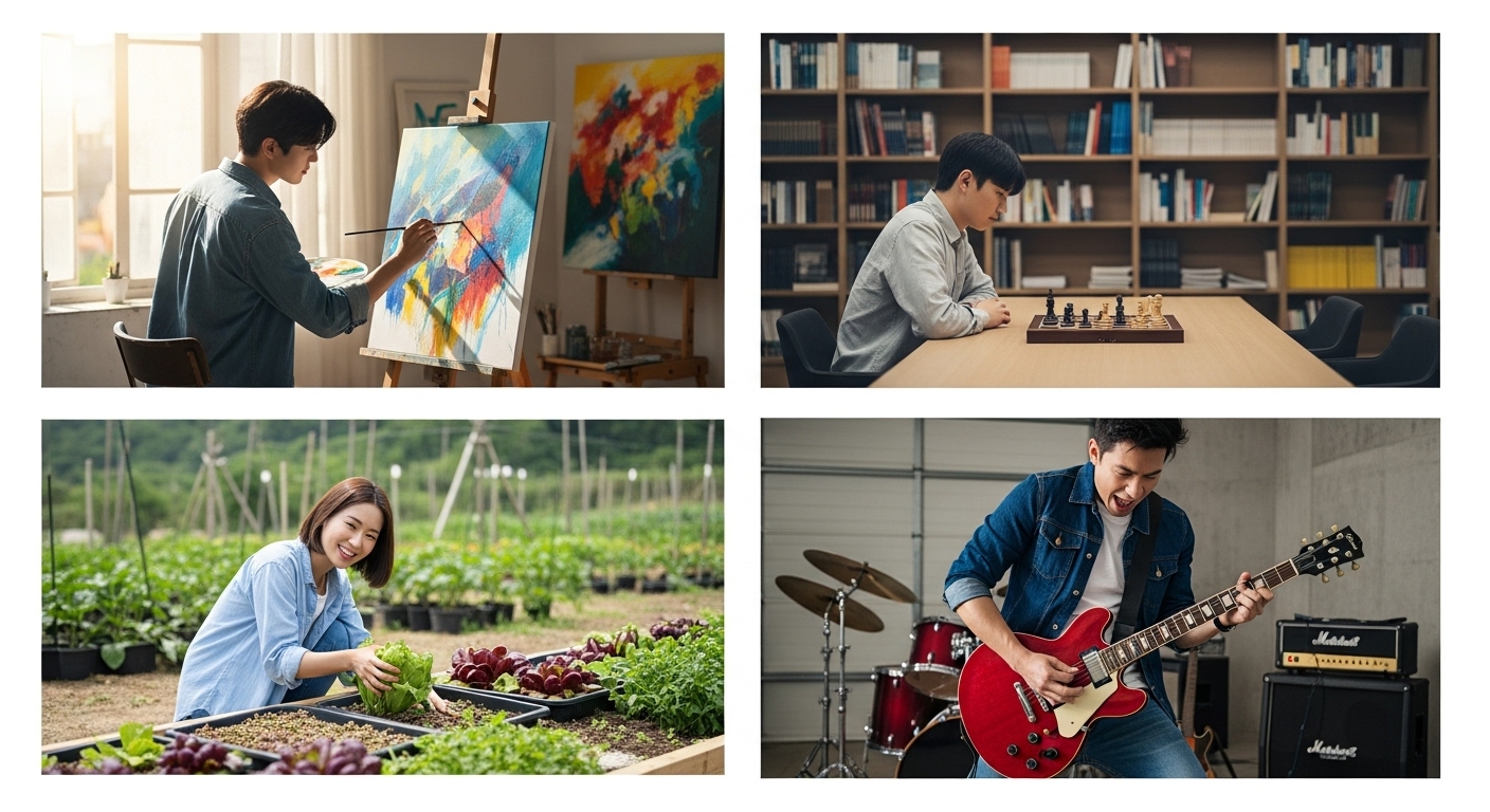 MBTI 4가지 기질 그룹의 취미 활동. 감성적인 NF, 지적인 NT, 안정적인 SJ, 활동적인 SP의 특징을 각각 상징하는 이미지.