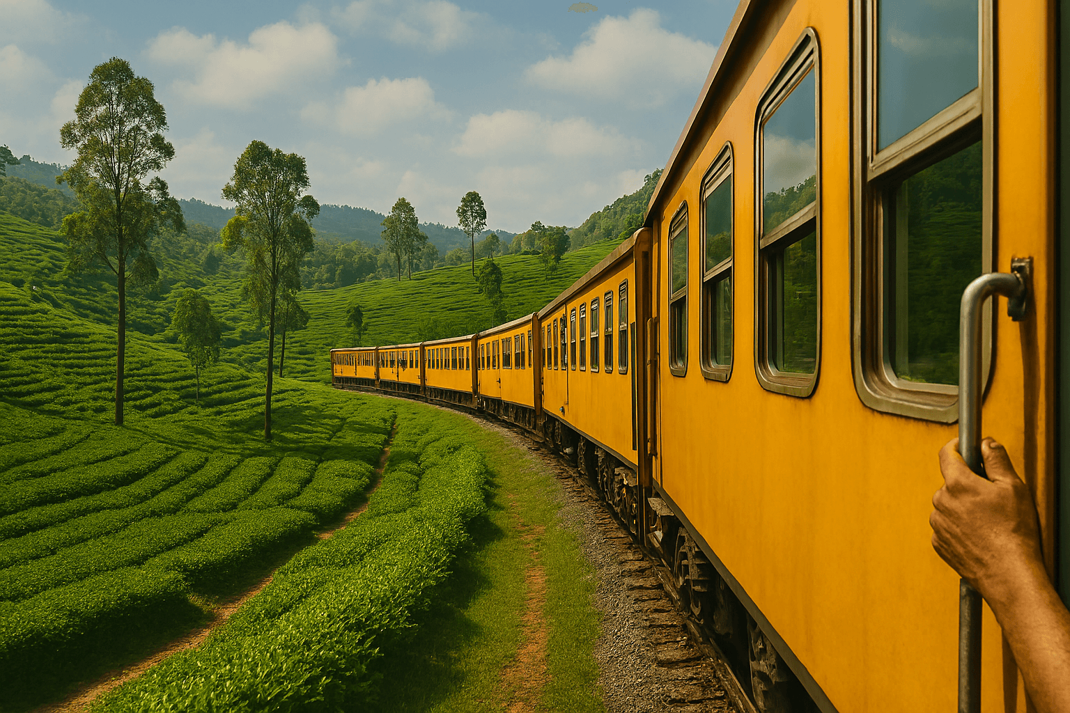 오래된 기차의 창문 너머로 보이는 스리랑카의 광활한 차밭 풍경. 녹색 물결이 끝없이 이어지고&amp;#44; 간간이 보이는 작은 마을과 언덕이 조화를 이룬다