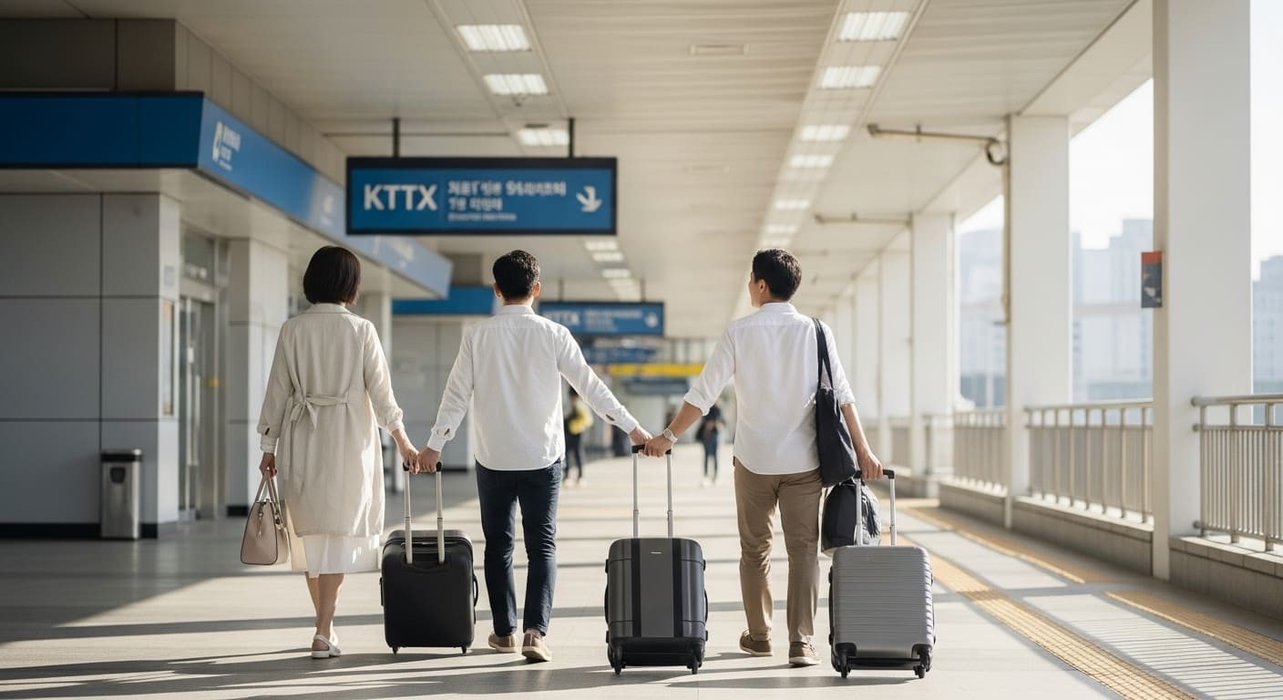 캐리어를 끌고 이동하는 가족 뒷모습&amp;#44; 역사 내부