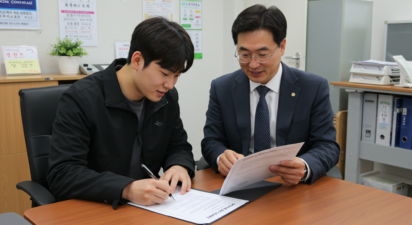 근로계약서에 서명하는 단기근로자