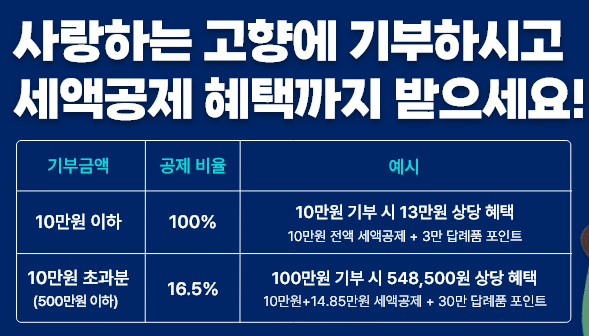 고향사랑기부제 e음 답례품 기부금 추천 지역