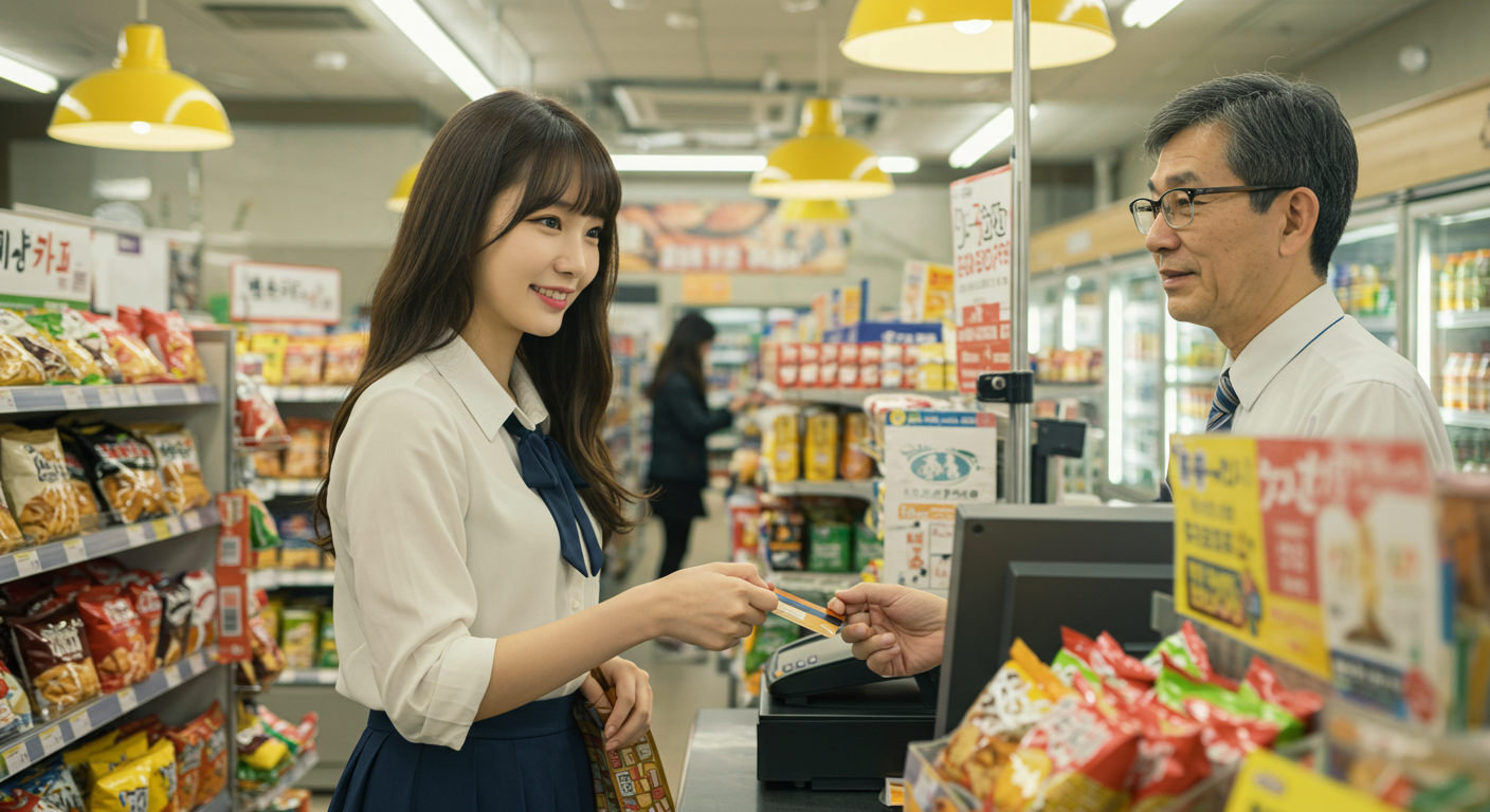 편의점에서 카드로 음식을 계산하는 한국인