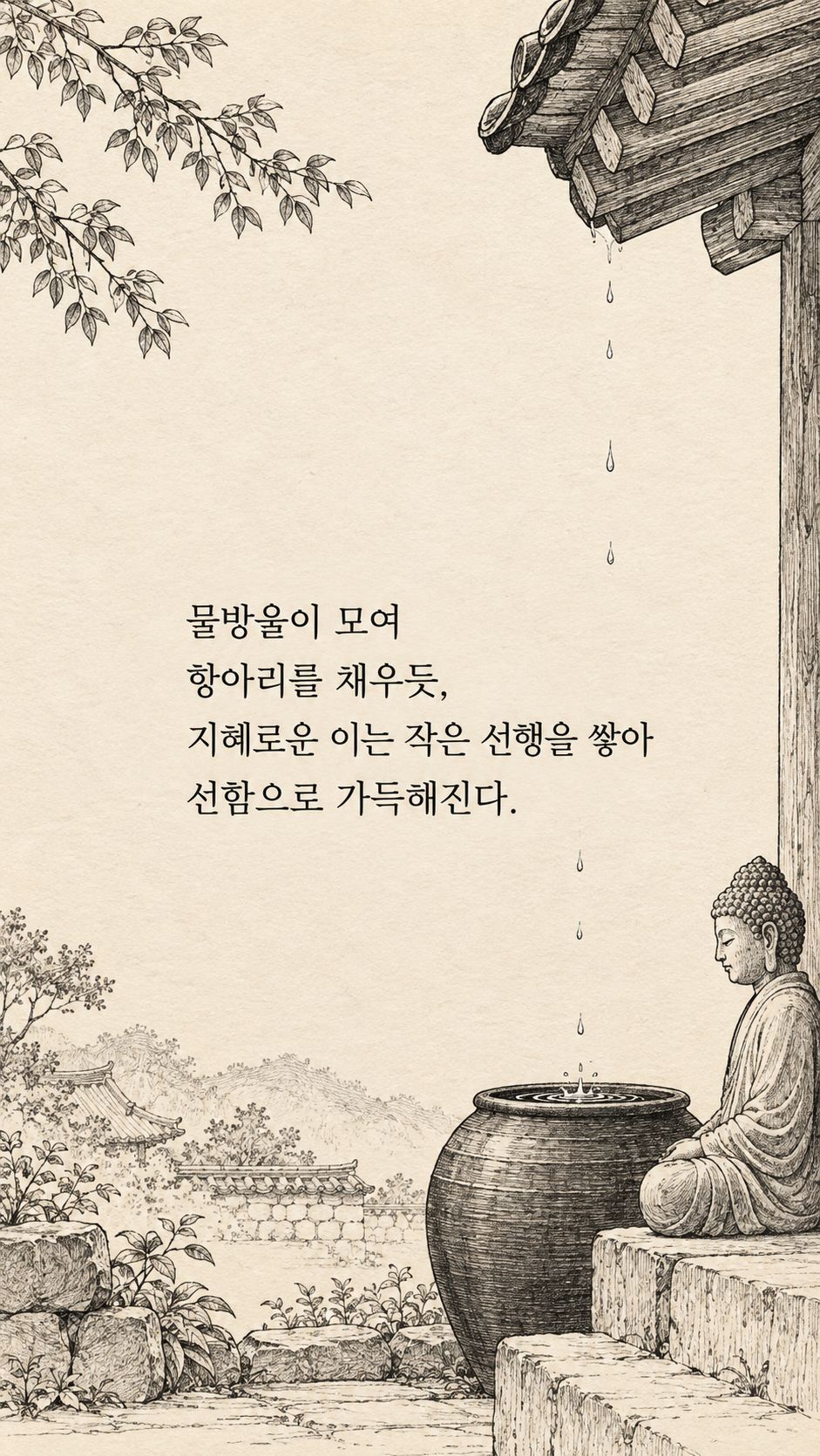 작은 선행이 모이는 힘 — 종이 질감에 깔끔한 펜선 명언 삽화