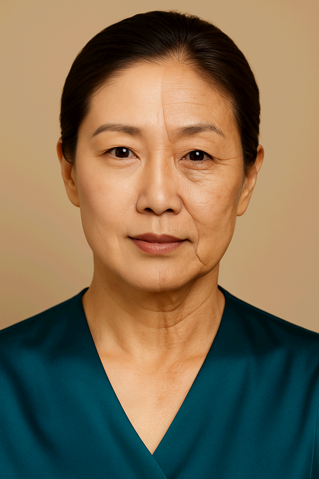 여성 얼굴의 노화 전,후 비교, 얼굴의 반은 노화전,나머지 반은 노화가 진행 된 이미지