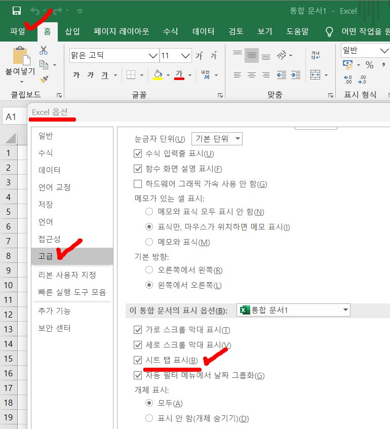 엑셀 옵션 시트탭표시