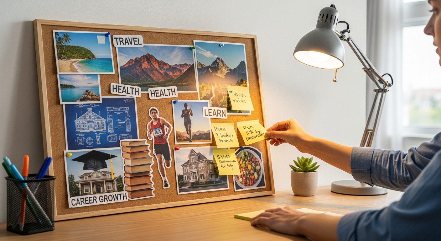 SMART 원칙에 따라 구체적인 목표가 적힌 드림 보드와 이를 들여다보는 손