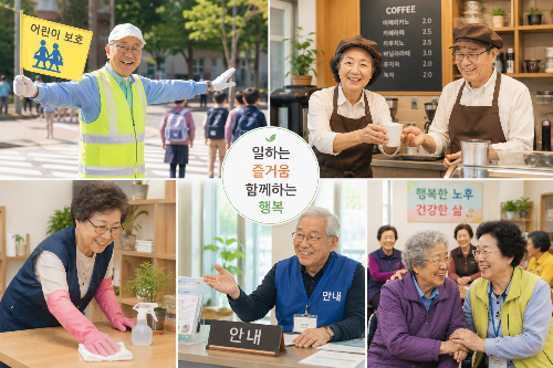 시니어 일자리로 교통안전, 카페, 안내 업무를 하는 어르신들의 모습