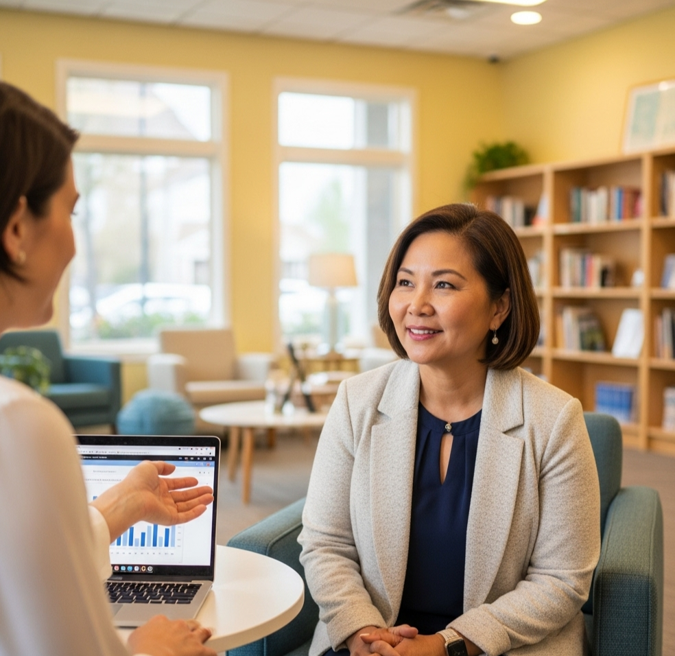 "여성인력개발센터에서 진로상담을 받고 있는 중년 여성"