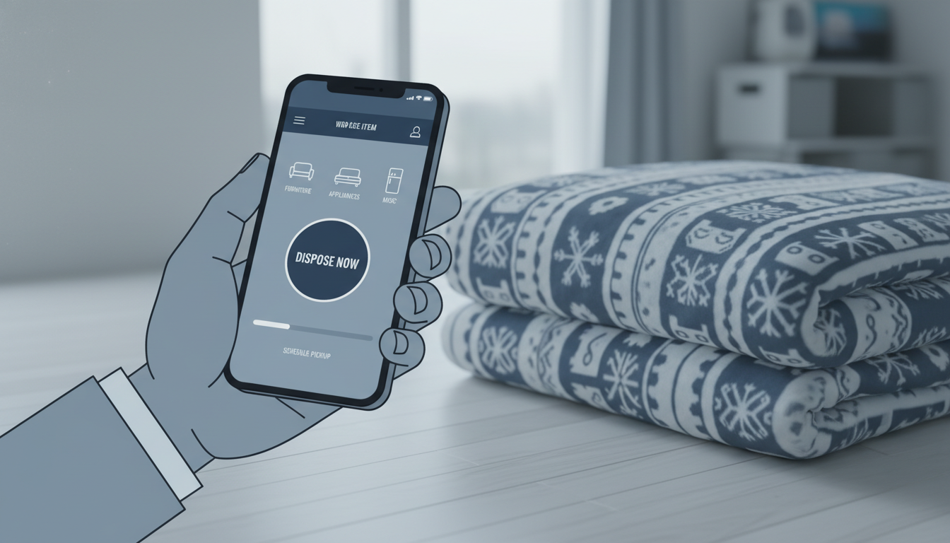 스마트폰 폐기물 배출 앱으로 겨울 이불 수거를 간편하게 신청하는 모습