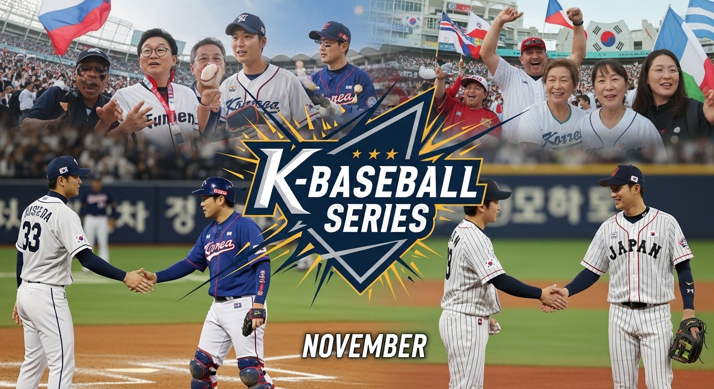 11월에 열리는 K-BASEBALL SERIES 로고와 한국 야구 대표팀이 국제 평가전에서 체코 또는 일본 선수들과 교류하는 모습.